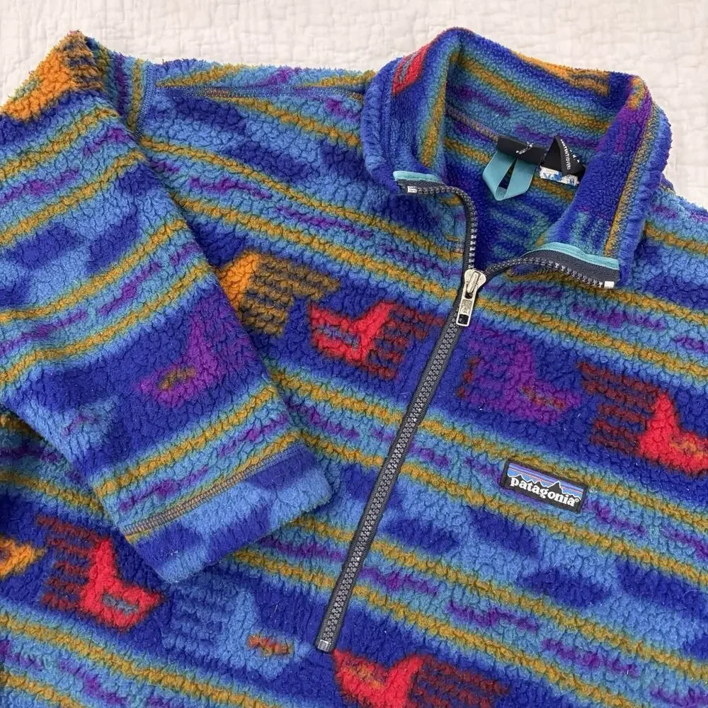 Vintage Patagonia Kids size 8 Synchilla Fleece 1/4 Zip Blue Aztec Pocket USA